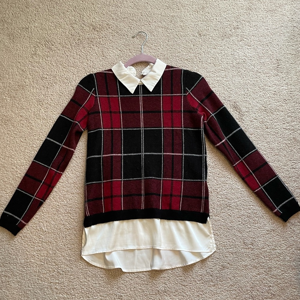 Tahari Plaid Sweater with Satin Collar